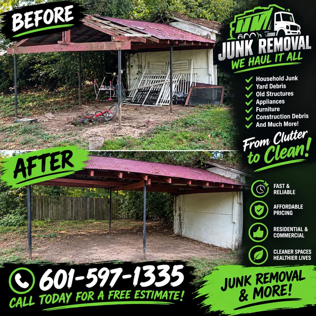 Guice Junk Purge branded before-and-after graphic of a carport cleanout