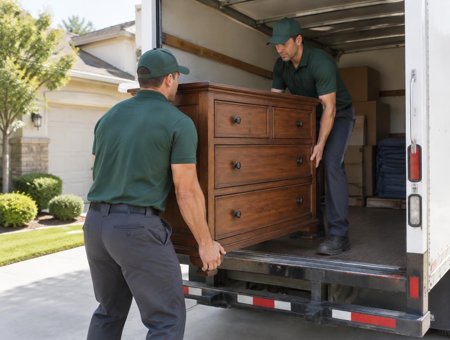 Two workers loading a wooden dresser into a moving truck